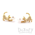 3D Kitty Cat Playing With a Ball Shaped Stud Earrings in Gold | DOTOLY