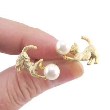 3D Kitty Cat Playing With a Ball Shaped Stud Earrings in Gold | DOTOLY