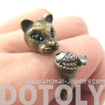 3D Kitty Cat with Fish Animal Wrap Ring in Brass | US Sizes 7 to 11 | DOTOLY
