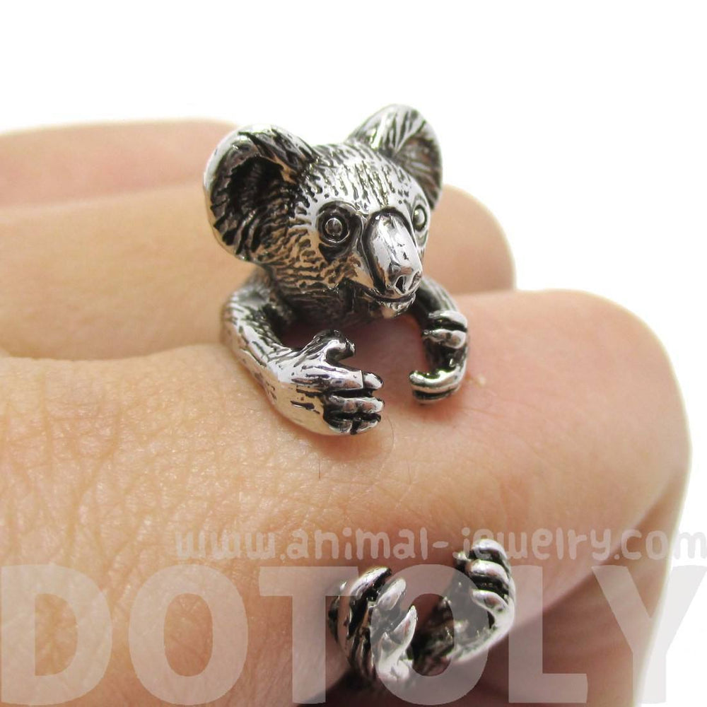 3D Koala Bear Wrapped Around Your Finger Shaped Animal Ring in Shiny Silver | US Size 4 to 8.5 | DOTOLY