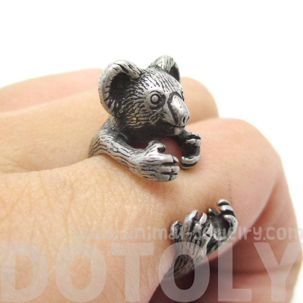 3D Koala Bear Wrapped Around Your Finger Shaped Animal Ring in Silver | US Size 4 to 8.5 | DOTOLY