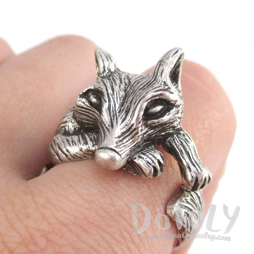 3D Lazy Fox Wrapped Around Your Finger Animal Ring in Silver | DOTOLY