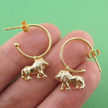 3D Miniature Lion Shaped Stud Hoop Earrings in Silver or Gold | DOTOLY