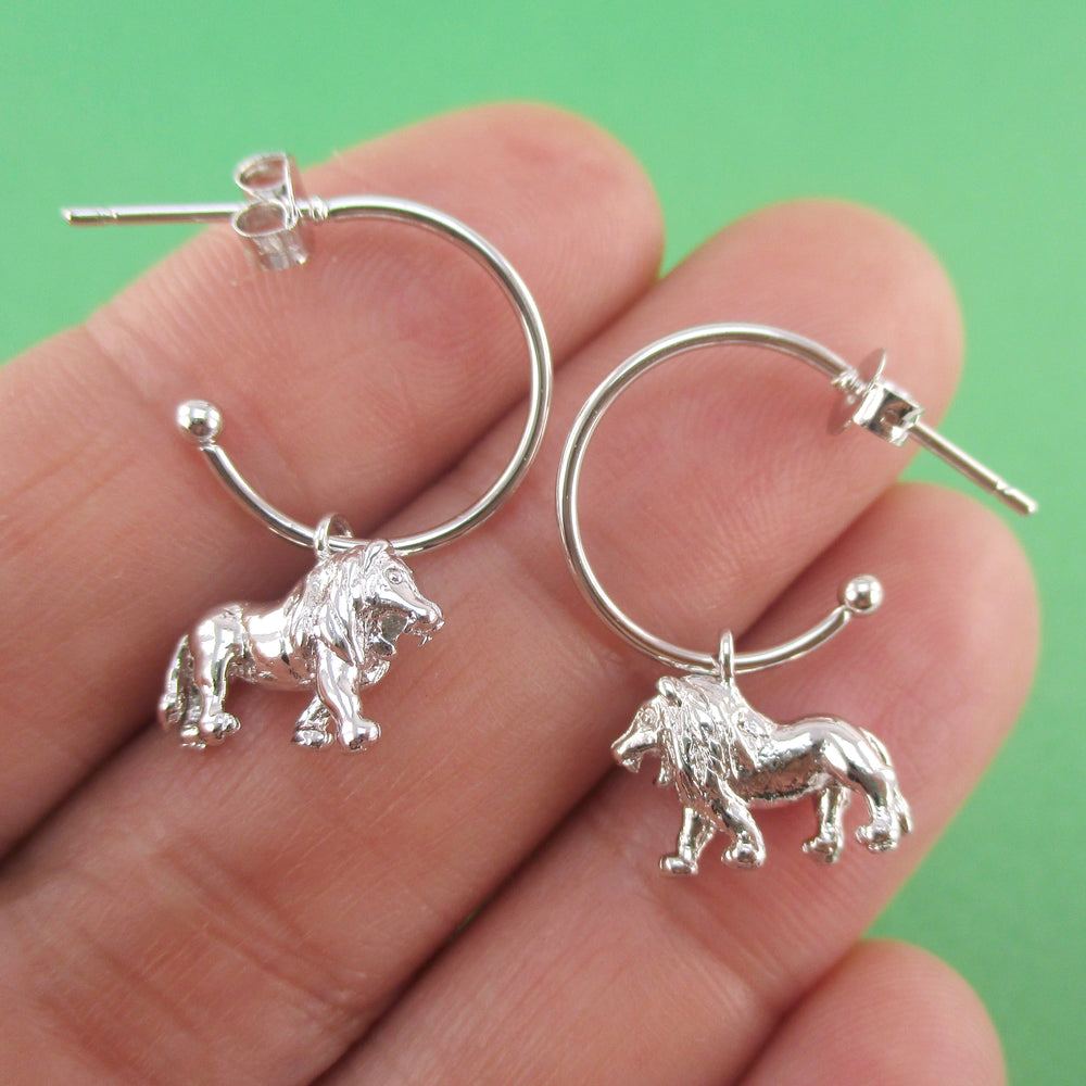 3D Miniature Lion Shaped Stud Hoop Earrings in Silver or Gold | DOTOLY