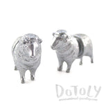 3D Miniature Sheep Shaped Two Part Front Back Stud Earrings in Silver