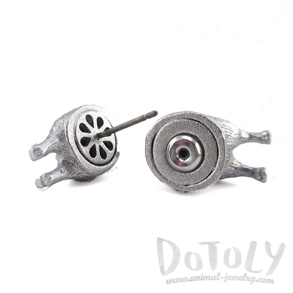 3D Miniature Sheep Shaped Two Part Front Back Stud Earrings in Silver