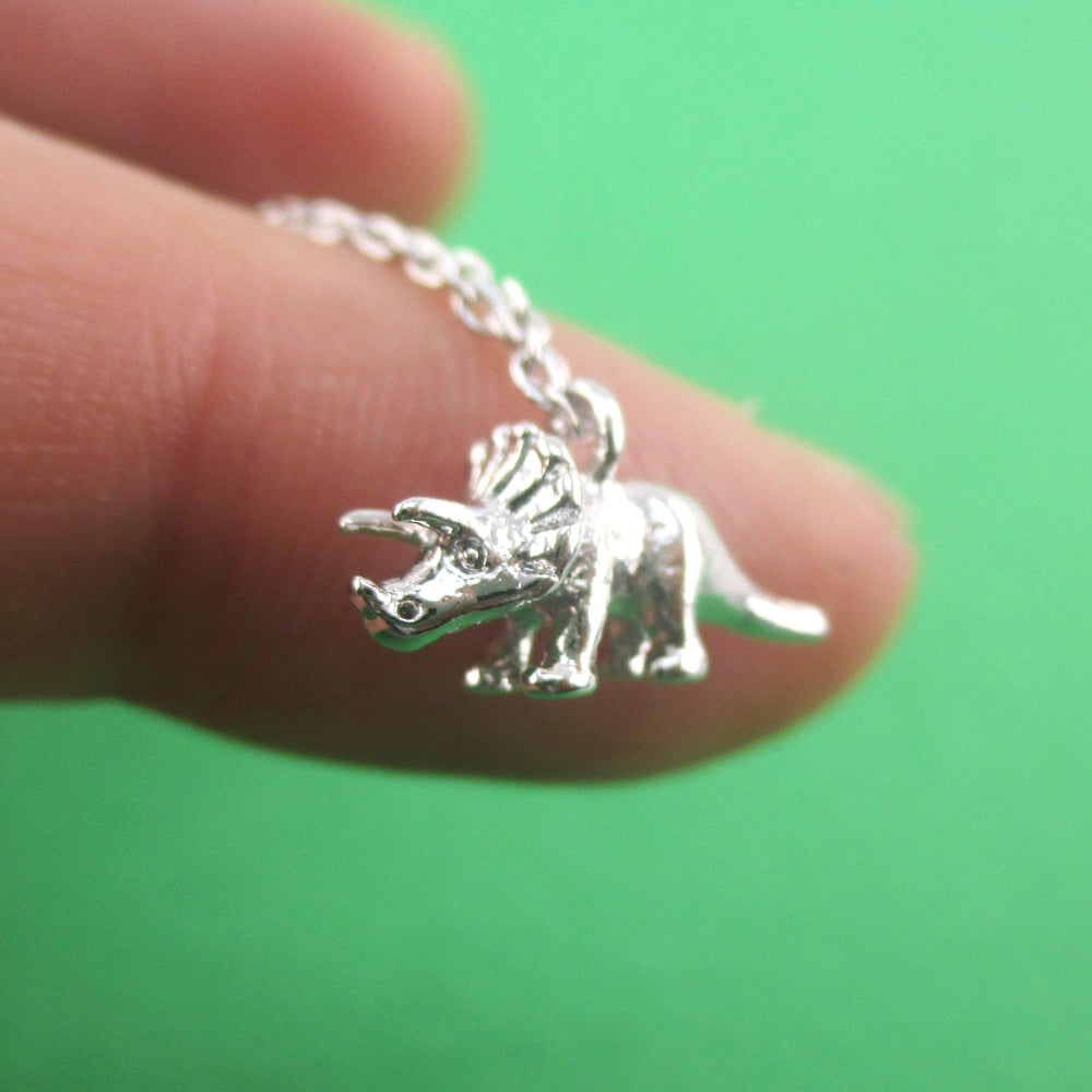 3D Miniature Triceratops Dinosaur Shaped Pendant Necklace in Silver