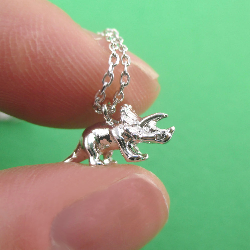3D Miniature Triceratops Dinosaur Shaped Pendant Necklace in Silver