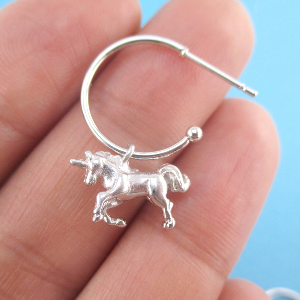 3D Miniature Unicorn Shaped Stud Hoop Earrings Silver or Gold | DOTOLY