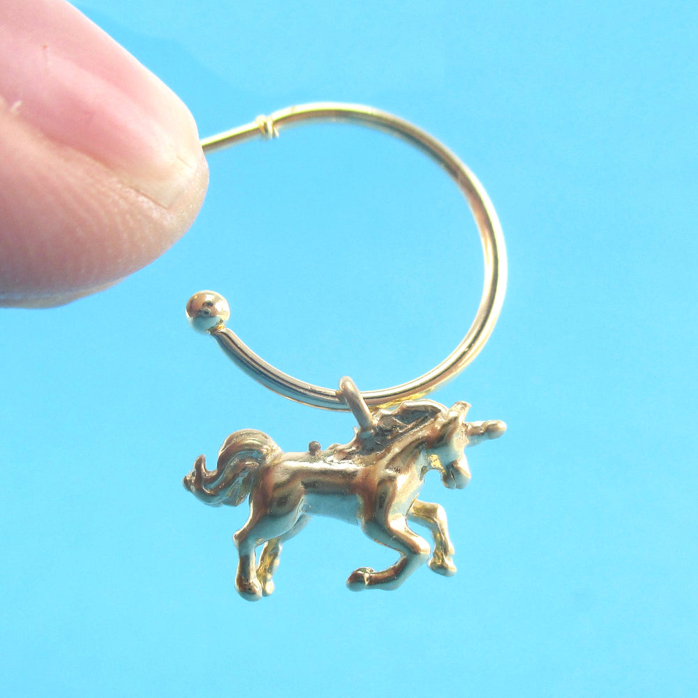 3D Miniature Unicorn Shaped Stud Hoop Earrings Silver or Gold | DOTOLY