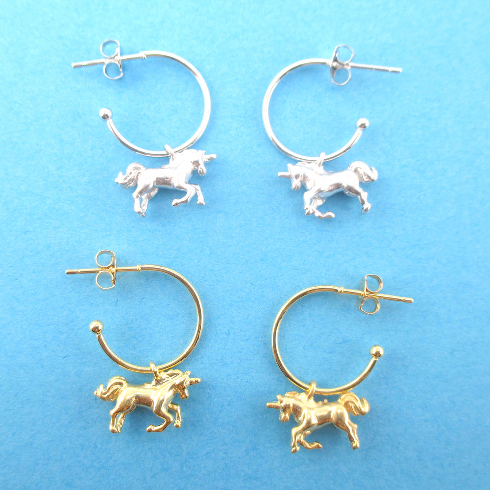 3D Miniature Unicorn Shaped Stud Hoop Earrings Silver or Gold | DOTOLY