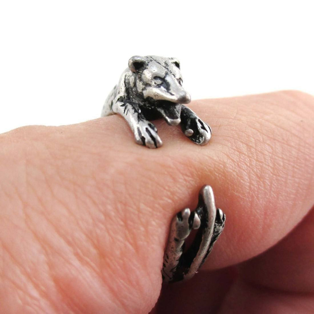 3D Opossum Possum Wrapped Around Your Finger Shaped Ring in Silver