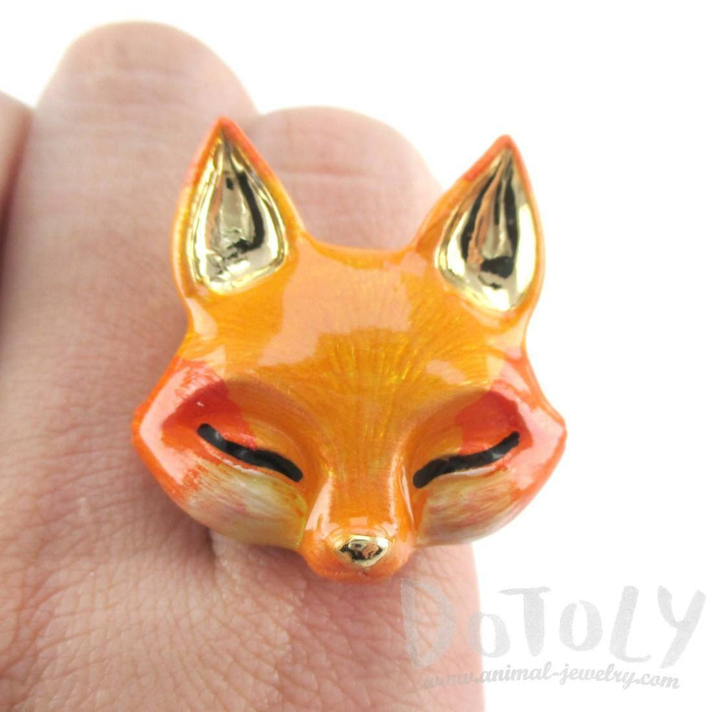 3D Orange Fox Shaped Adjustable Enamel Ring | Handmade Animal Jewelry | DOTOLY
