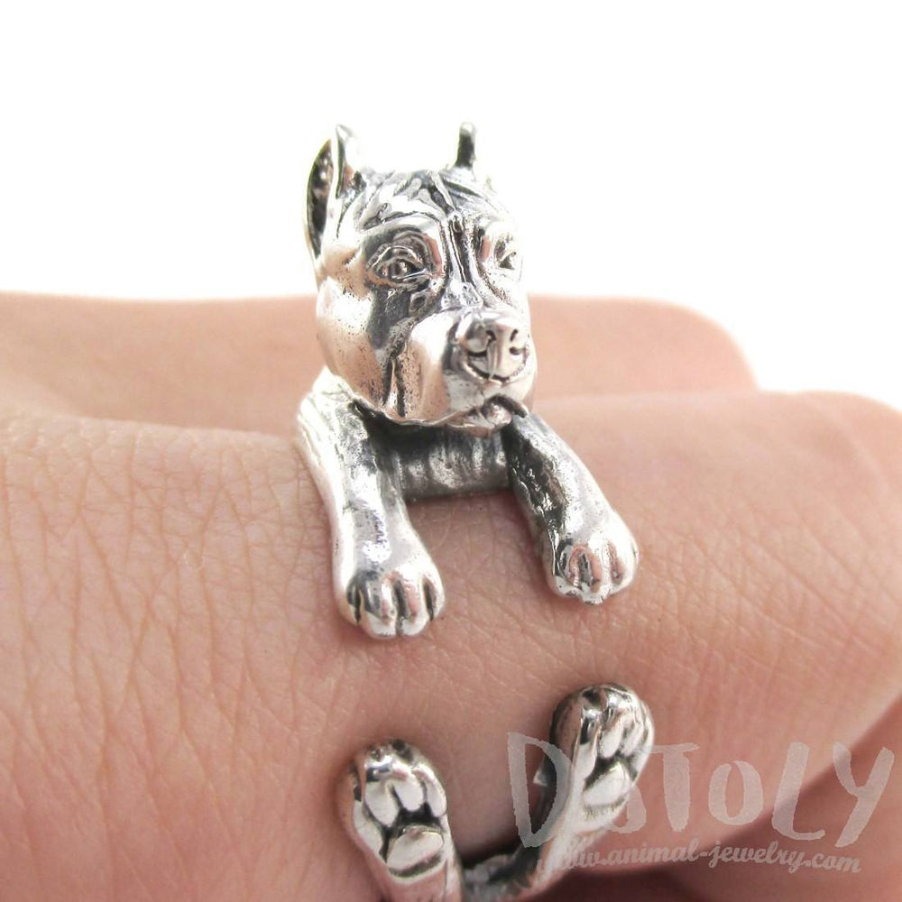 3D Pit Bull Dog Shaped Animal Wrap Ring in 925 Sterling Silver | Sizes 5 to 8.5 | DOTOLY