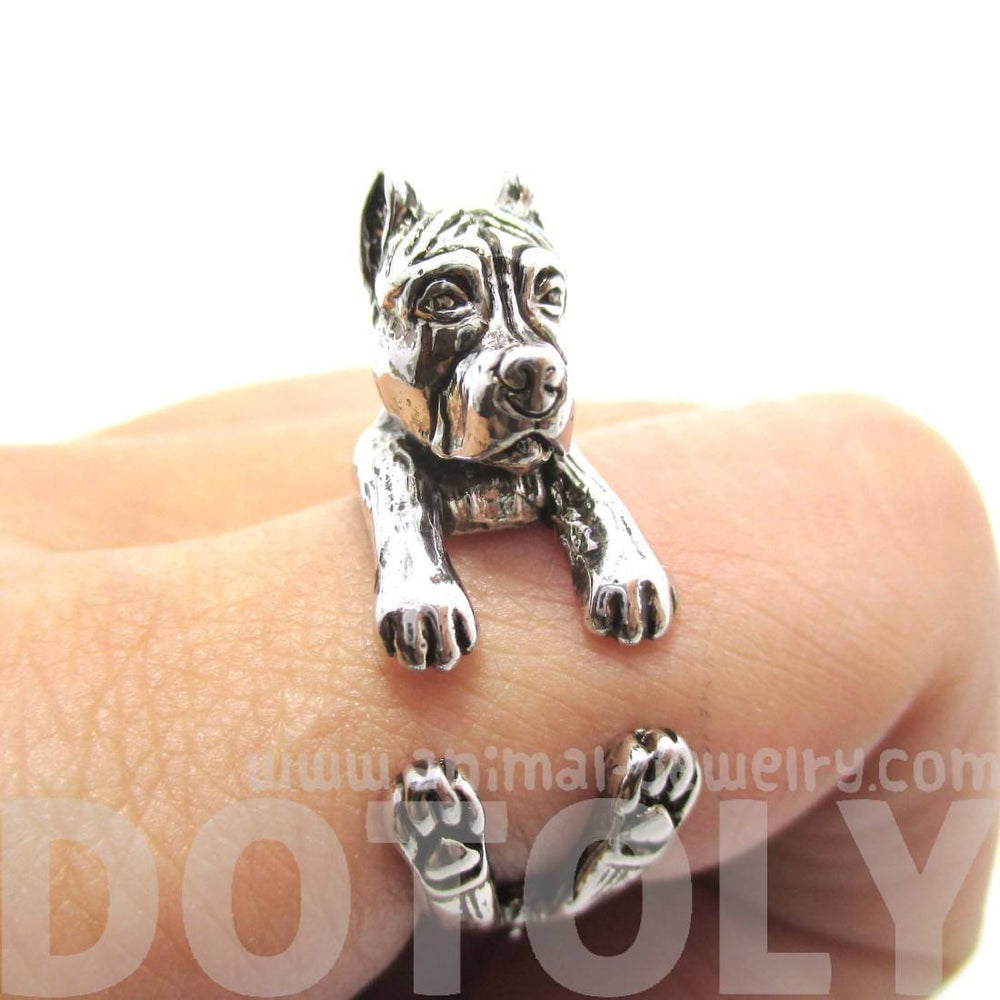 3D Pit Bull With Cropped Ears Shaped Animal Wrap Ring in Shiny Silver | Sizes 5 to 9 | DOTOLY