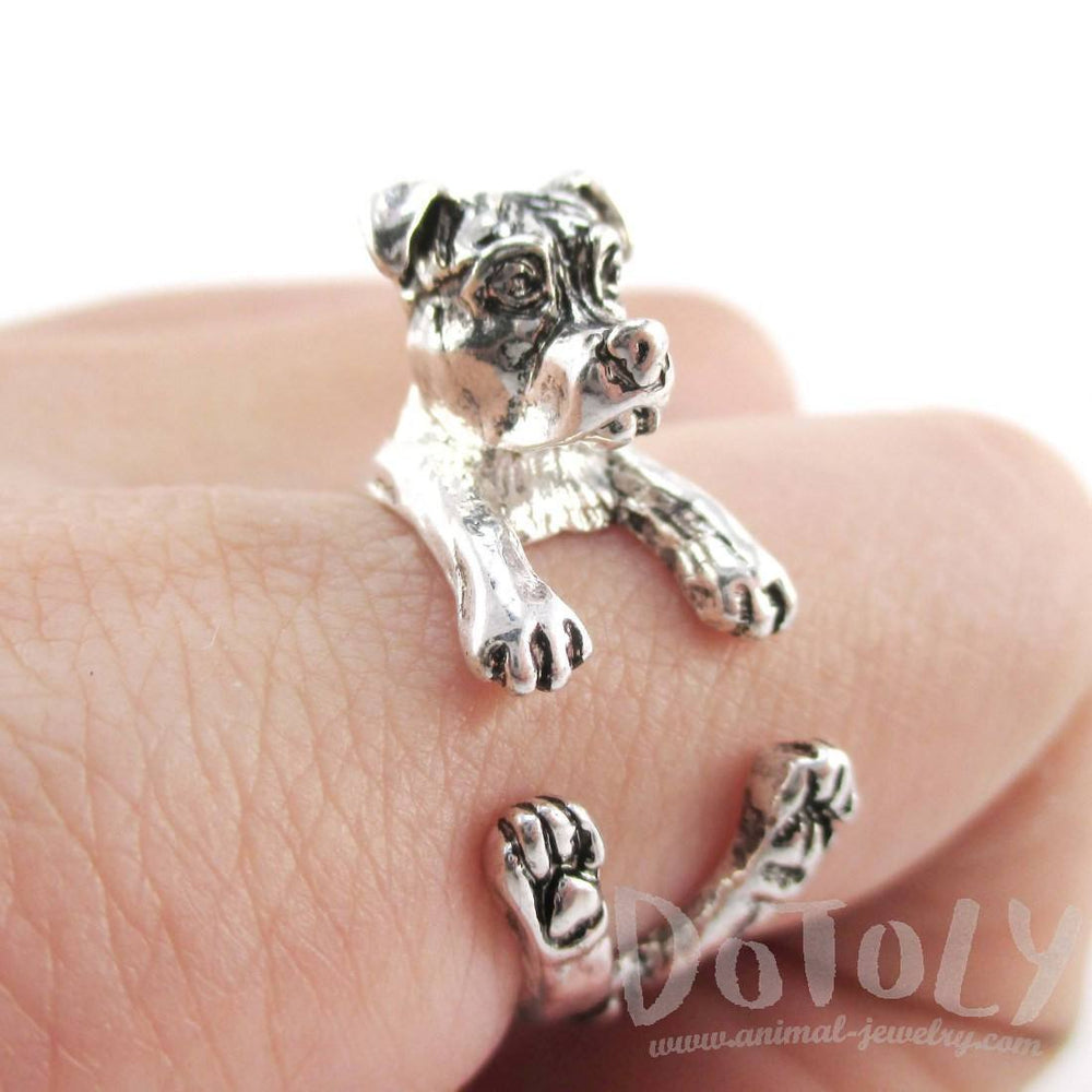 3D Pit Bull With Natural Ears Shaped Animal Wrap Ring in Shiny Silver | Sizes 5 to 8 | DOTOLY