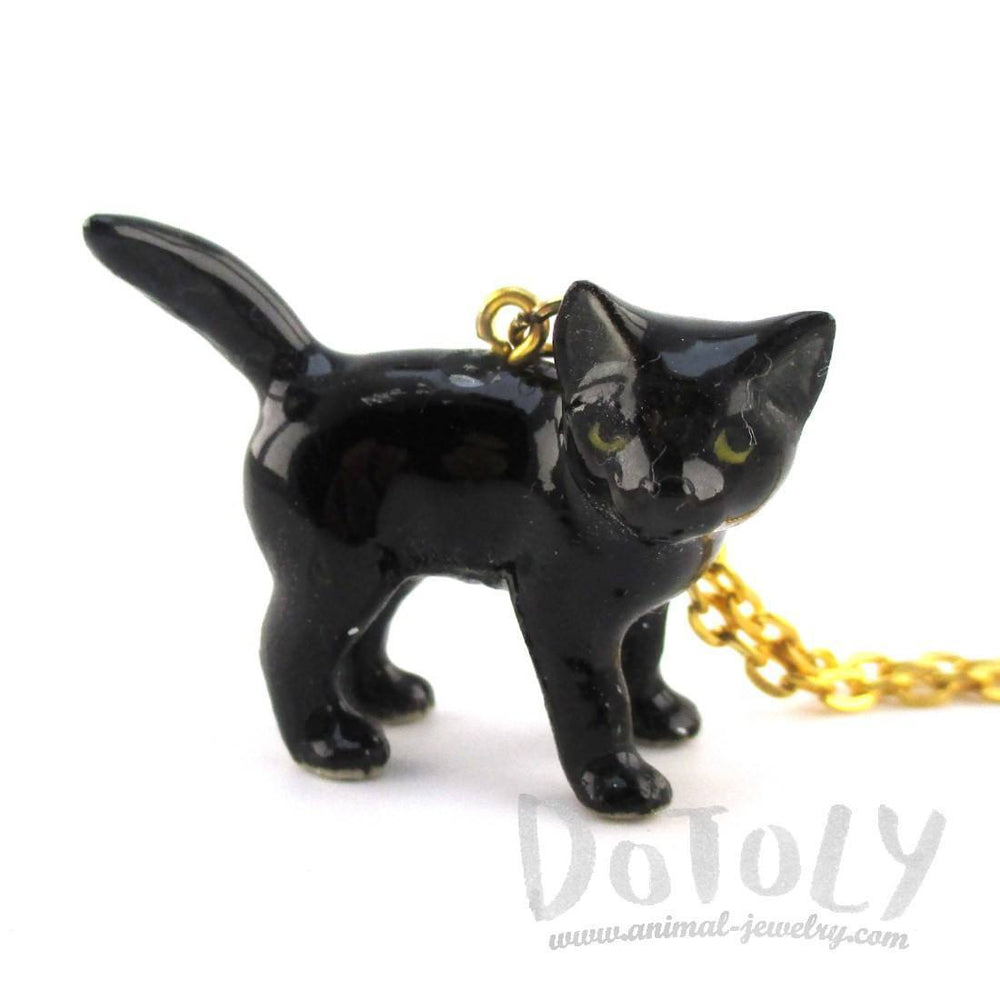 3D Porcelain Black Kitty Cat Animal Inspired Ceramic Pendant Necklace