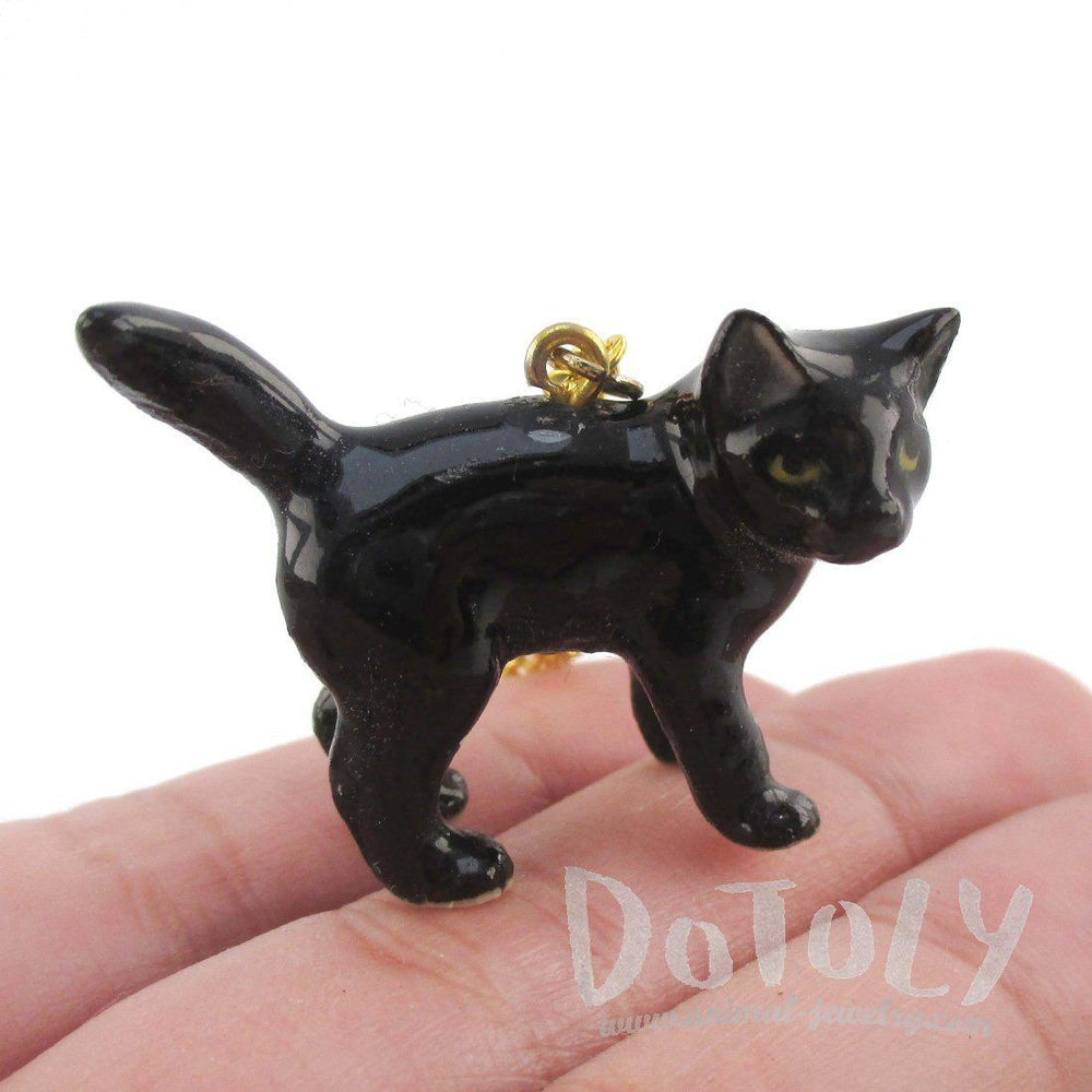 3D Porcelain Black Kitty Cat Animal Inspired Ceramic Pendant Necklace