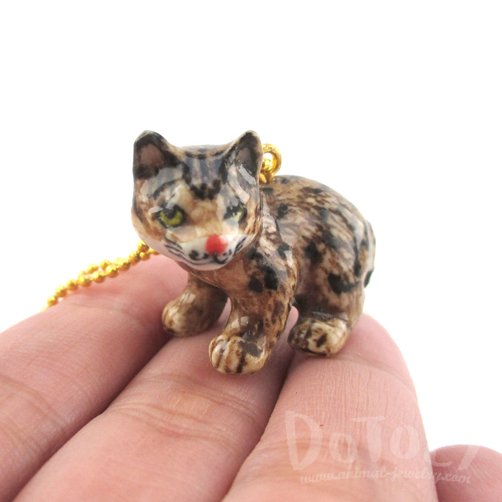 3D Porcelain Bobcat Kitten Lynx Wild Cat Shaped Pendant Necklace