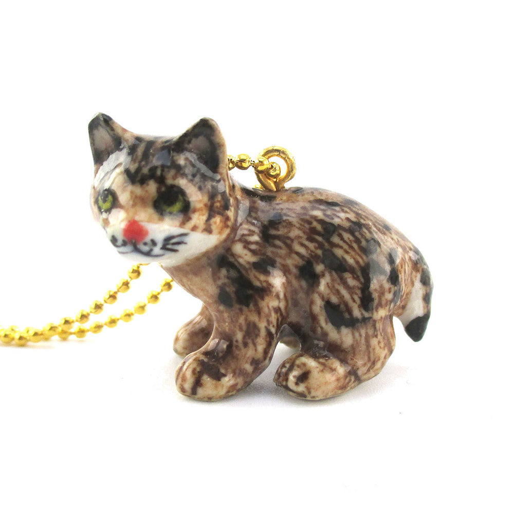 3D Porcelain Bobcat Kitten Lynx Wild Cat Shaped Pendant Necklace