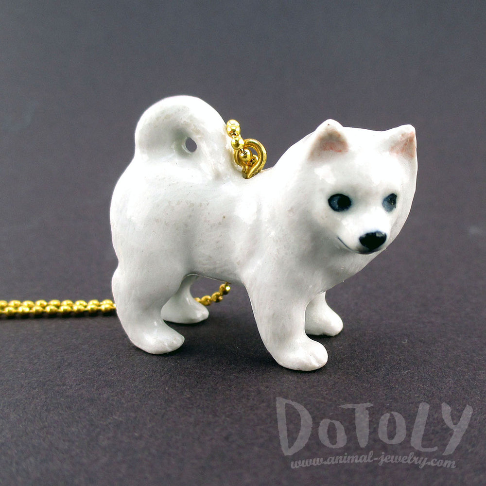 3D Porcelain Eskimo Dog Samoyed Shaped Pet Themed Necklace