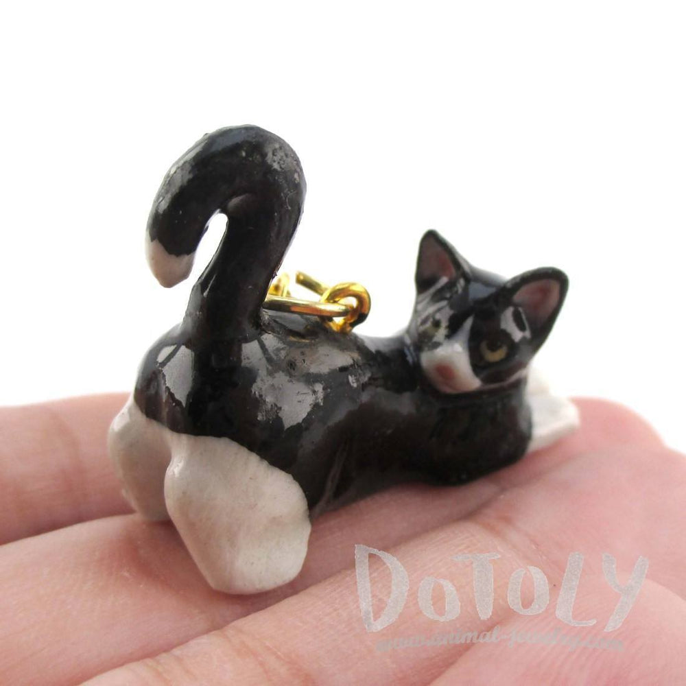 3D Porcelain Tuxedo Kitty Cat Animal Inspired Ceramic Pendant Necklace