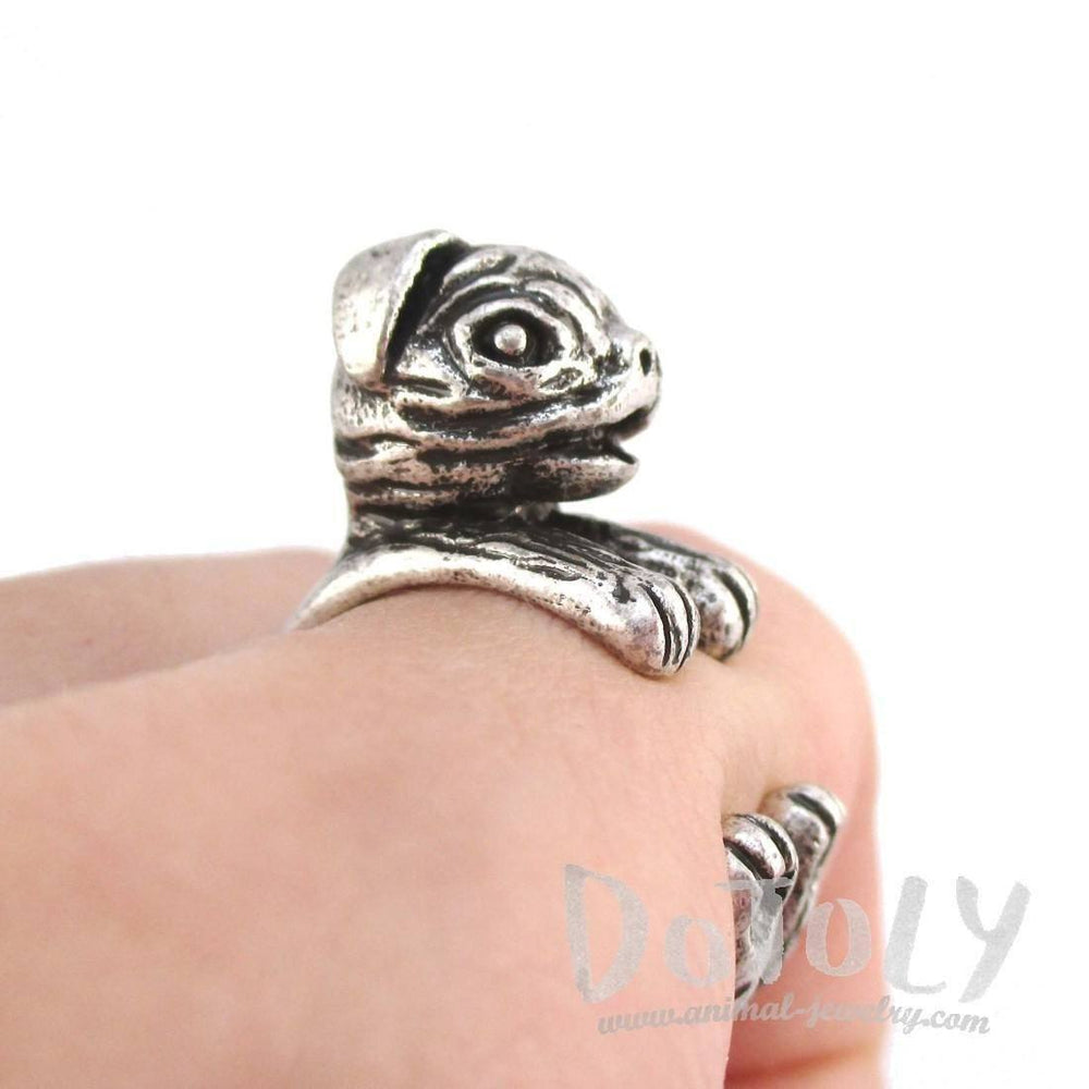 3D Pug Puppy Shaped Ring in Silver for Dog Lovers | SALE | DOTOLY