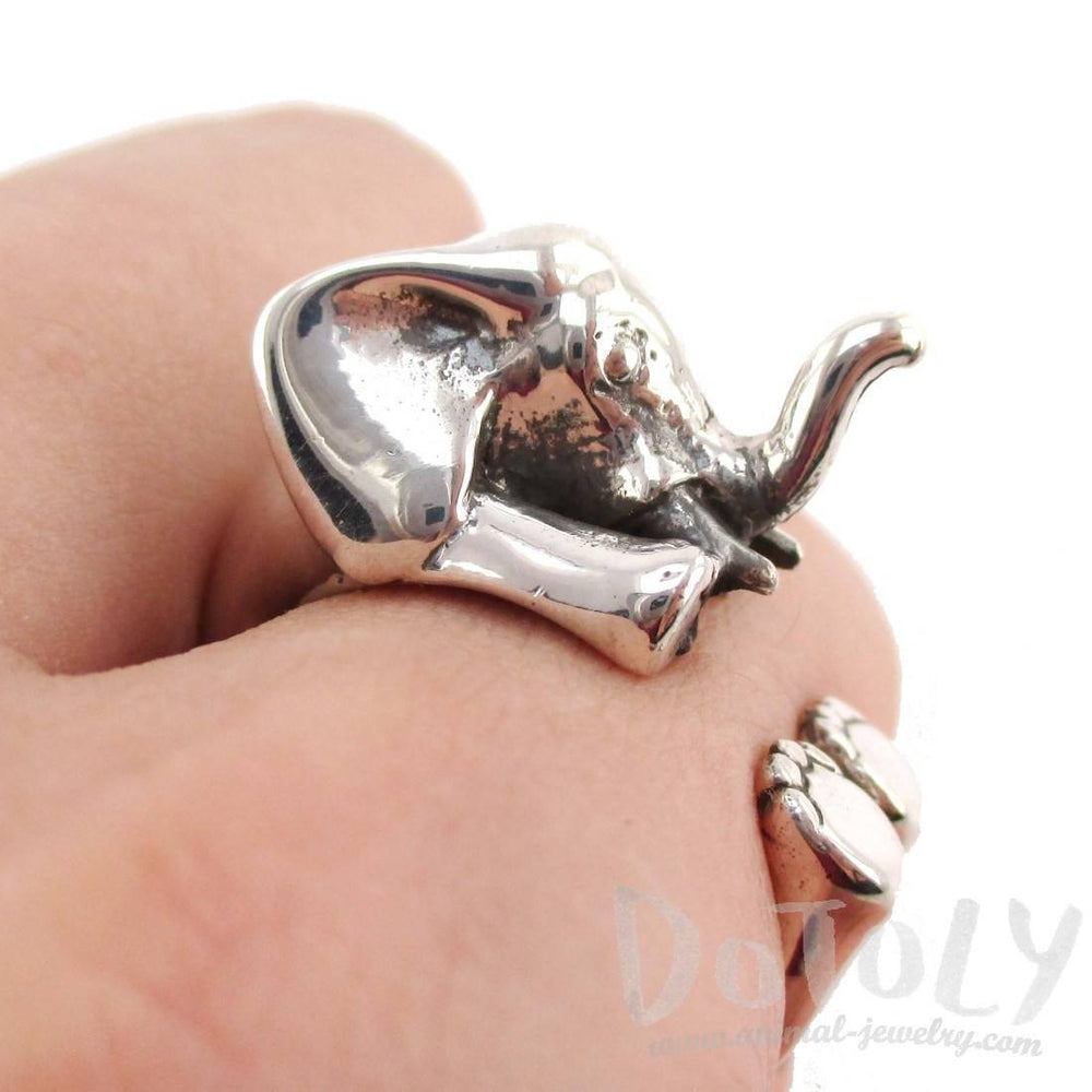3D Realistic Baby Elephant Animal Wrap Around Ring in 925 Sterling Silver | DOTOLY