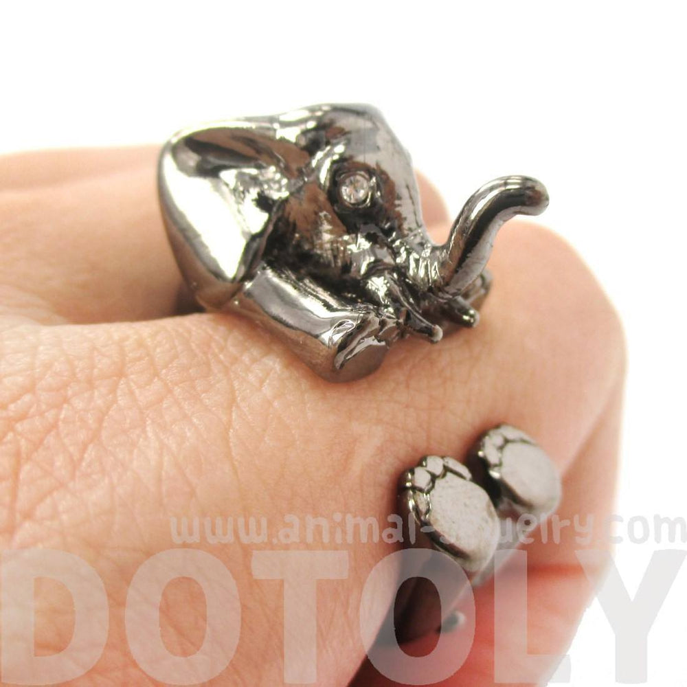 3D Realistic Baby Elephant Animal Wrap Around Ring in Gunmetal Silver | US Sizes 5 to 8.5 | DOTOLY