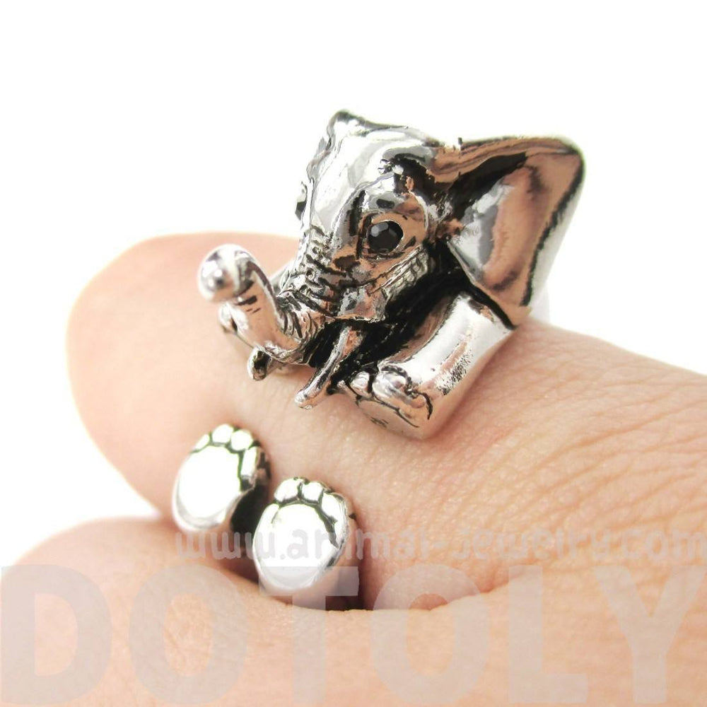 3D Realistic Baby Elephant Animal Wrap Around Ring in Shiny Silver | US Sizes 5 to 8.5 | DOTOLY