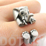3D Realistic Baby Elephant Animal Wrap Around Ring in Silver | US Sizes 5 to 8.5 | DOTOLY