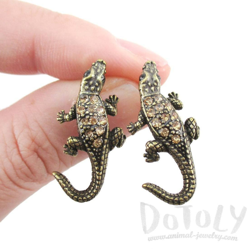 3D Realistic Crocodile Alligator Shaped Stud Earrings in Brass with Rhinestones | DOTOLY