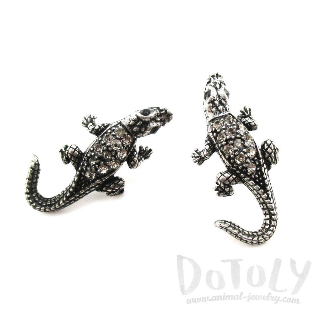3D Realistic Crocodile Alligator Shaped Stud Earrings in Silver with Rhinestones | DOTOLY