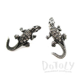 3D Realistic Crocodile Alligator Shaped Stud Earrings in Silver with Rhinestones | DOTOLY