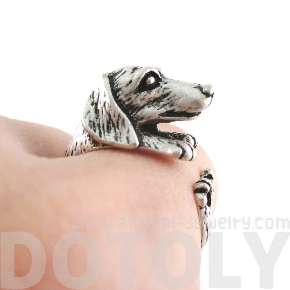 3D Realistic Dachshund Puppy Sausage Dog Shaped Animal Wrap Ring in Silver | US Sizes 5 to 8 | DOTOLY