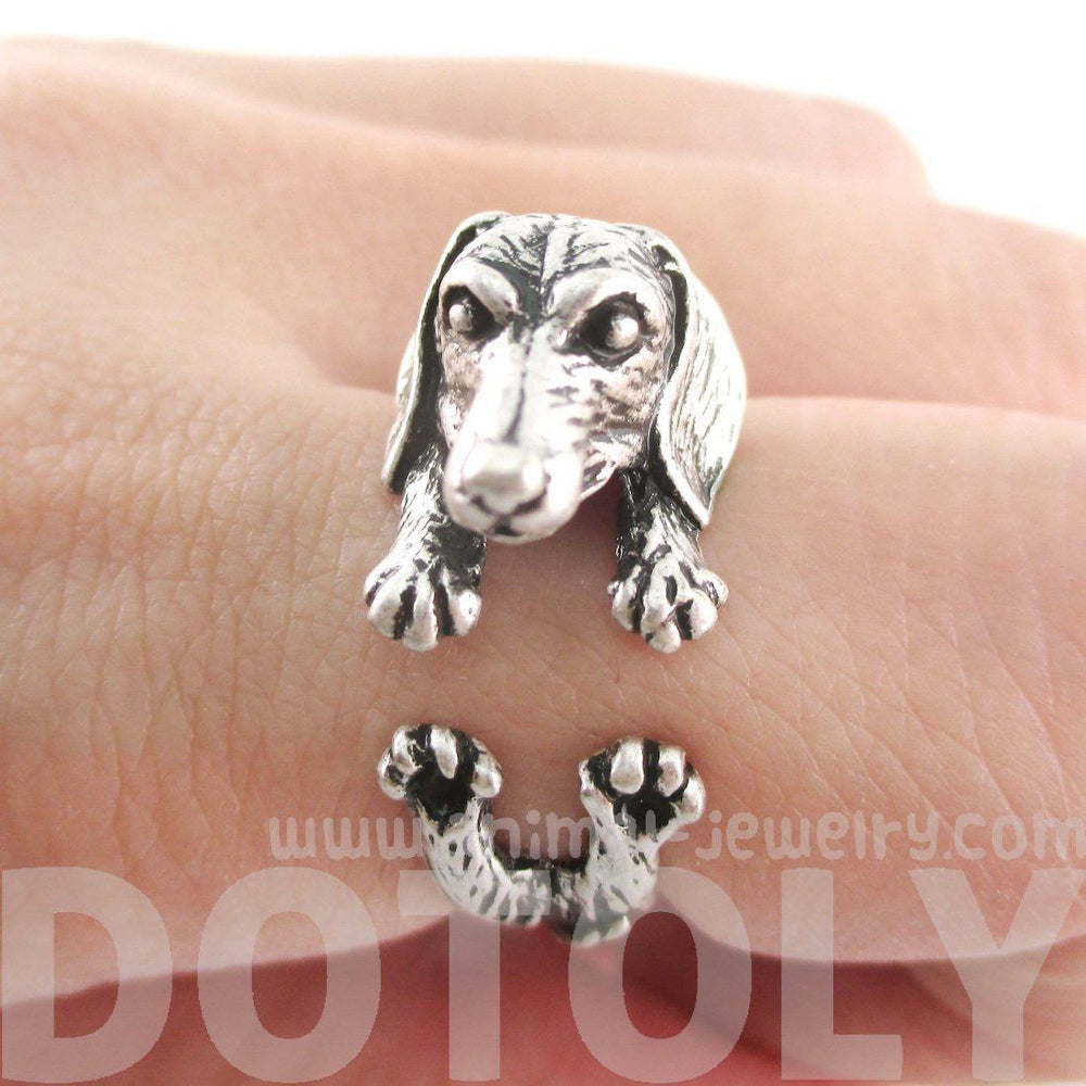 3D Realistic Dachshund Puppy Sausage Dog Shaped Animal Wrap Ring in Silver | US Sizes 5 to 8 | DOTOLY