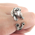 3D Realistic Dachshund Puppy Sausage Dog Shaped Animal Wrap Ring in Silver | US Sizes 5 to 8 | DOTOLY