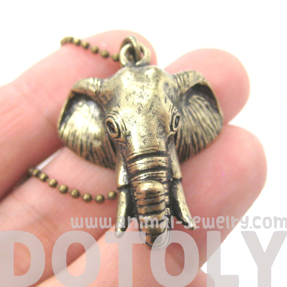 3D Realistic Elephant Head Animal Pendant Necklace in Brass | DOTOLY