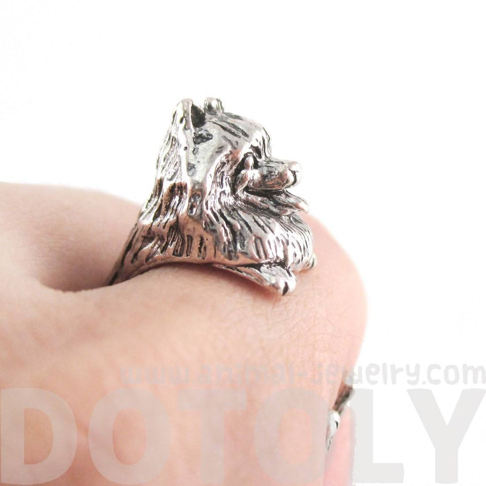 3D Realistic Pomeranian Puppy Dog Shaped Animal Wrap Ring in Silver | US Sizes 4 to 8 | DOTOLY