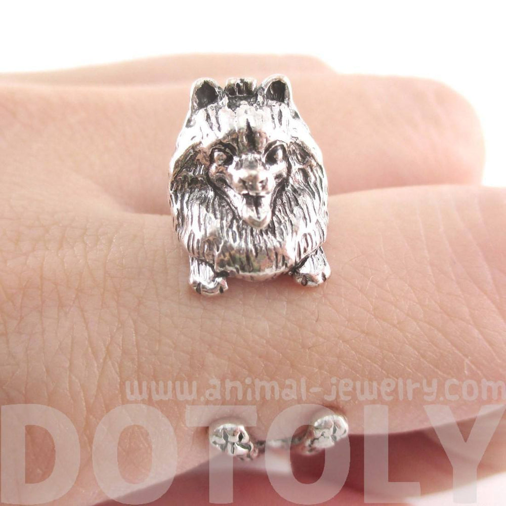 3D Realistic Pomeranian Puppy Dog Shaped Animal Wrap Ring in Silver | US Sizes 4 to 8 | DOTOLY