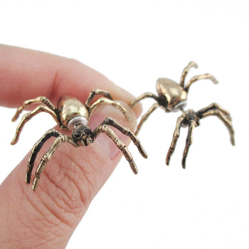 3D Spider Tarantula Bug Shaped Front and Back Stud Earrings in Brass