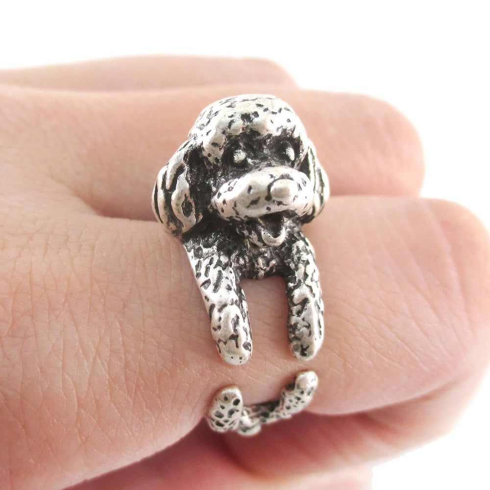 3D Realistic Toy Poodle Puppy Dog Shaped Animal Wrap Ring in Silver | US Sizes 5 to 8 | DOTOLY