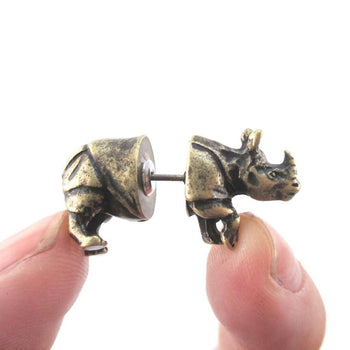 3D Rhinoceros Rhino Shaped Front and Back Stud Earrings in Brass