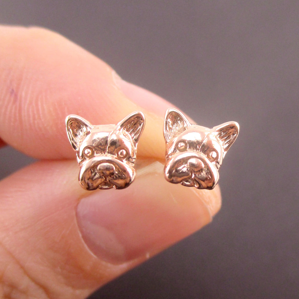 3D Tiny French Bulldog Puppy Dog Face Shaped Stud Earrings | DOTOLY