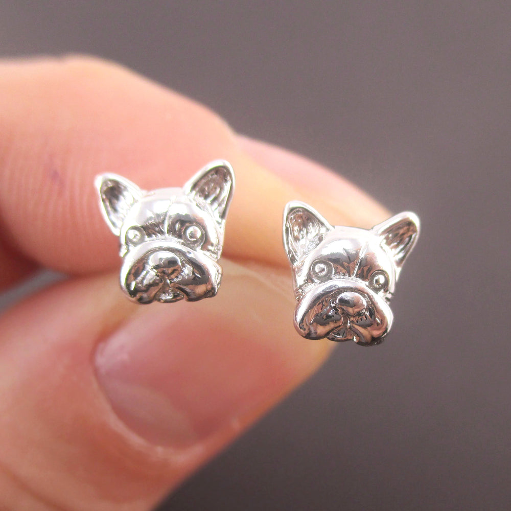 3D Tiny French Bulldog Puppy Dog Face Shaped Stud Earrings | DOTOLY