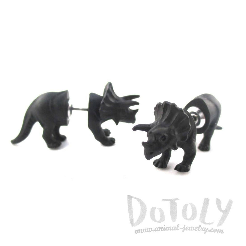 3D Triceratops Dinosaur Shaped Front and Back Stud Earrings in Black