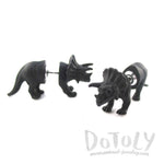 3D Triceratops Dinosaur Shaped Front and Back Stud Earrings in Black