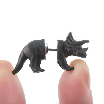 3D Triceratops Dinosaur Shaped Front and Back Stud Earrings in Black
