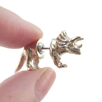 3D Triceratops Dinosaur Front and Back Stud Earrings in Shiny Gold