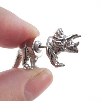 3D Triceratops Dinosaur Shaped Two Part Stud Earrings in Shiny Silver